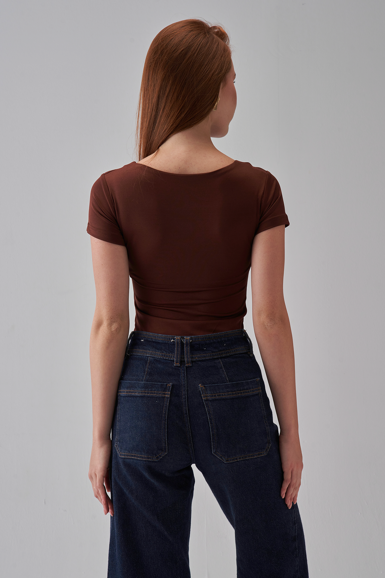 Square Neck Short Sleeve Top - Brown