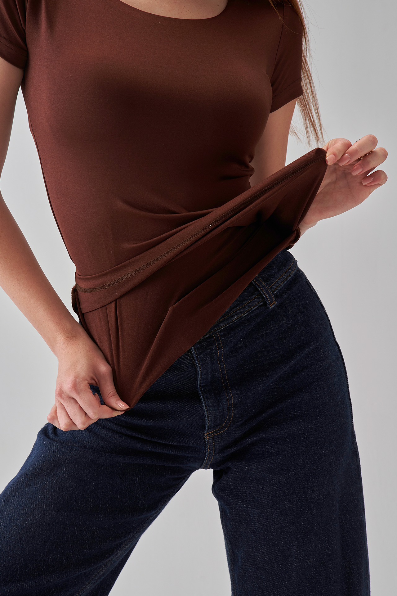 Square Neck Short Sleeve Top - Brown