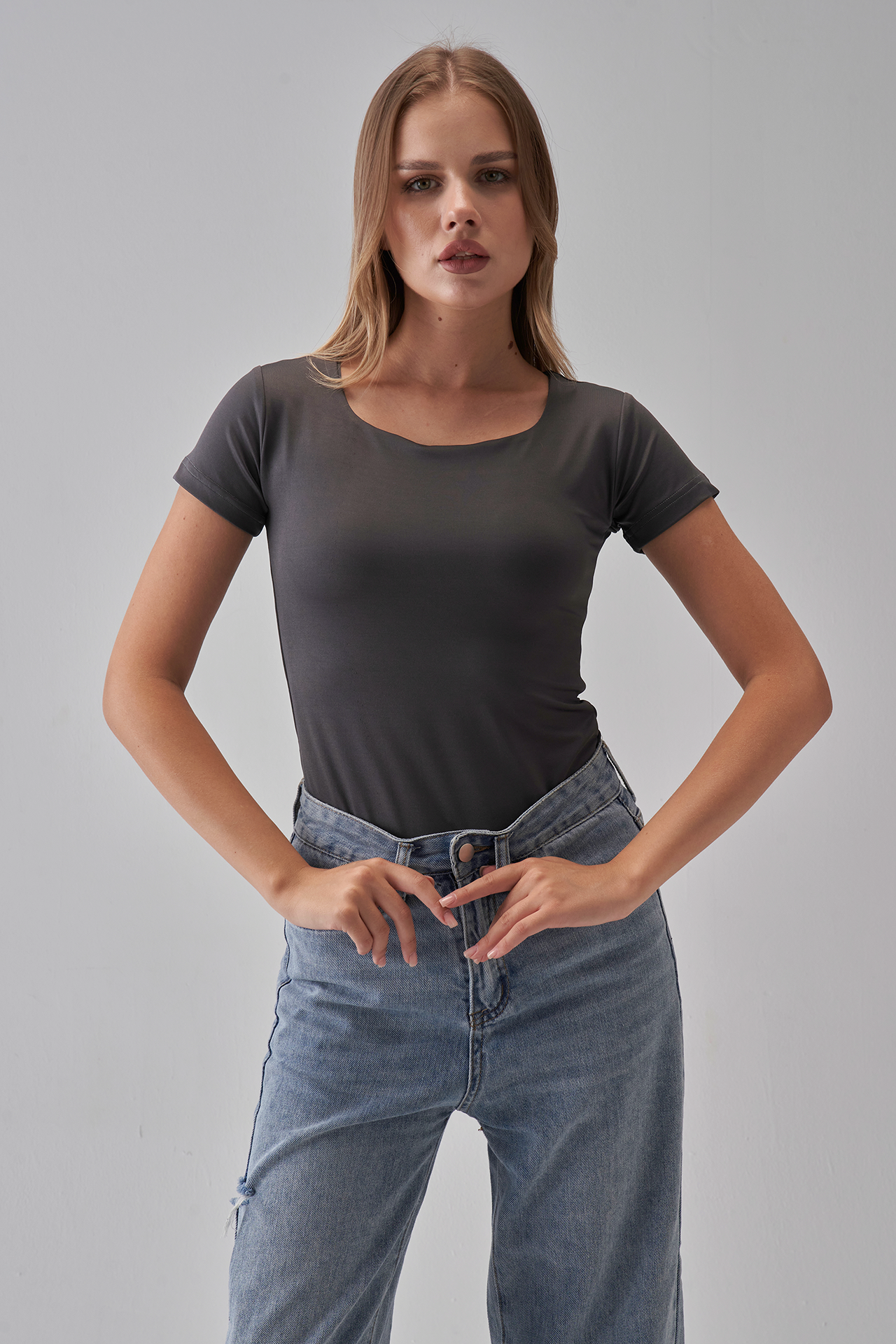 Square Neck Short Sleeve Top - Charcoal Gray