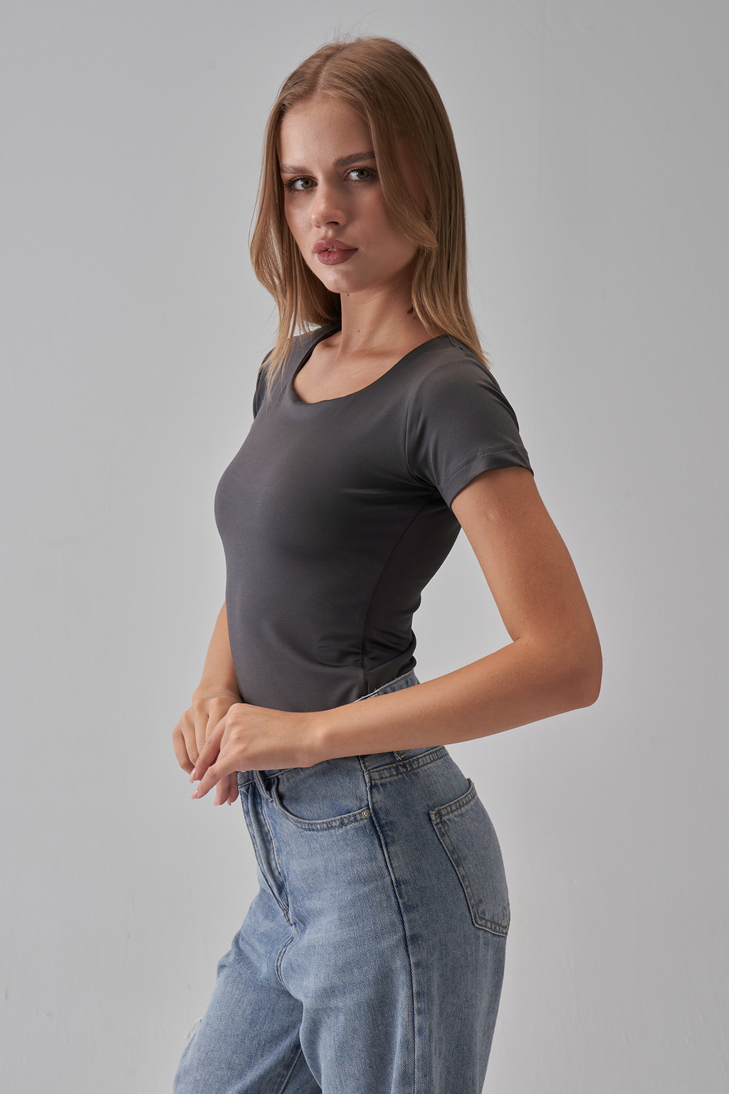 Square Neck Short Sleeve Top - Charcoal Gray