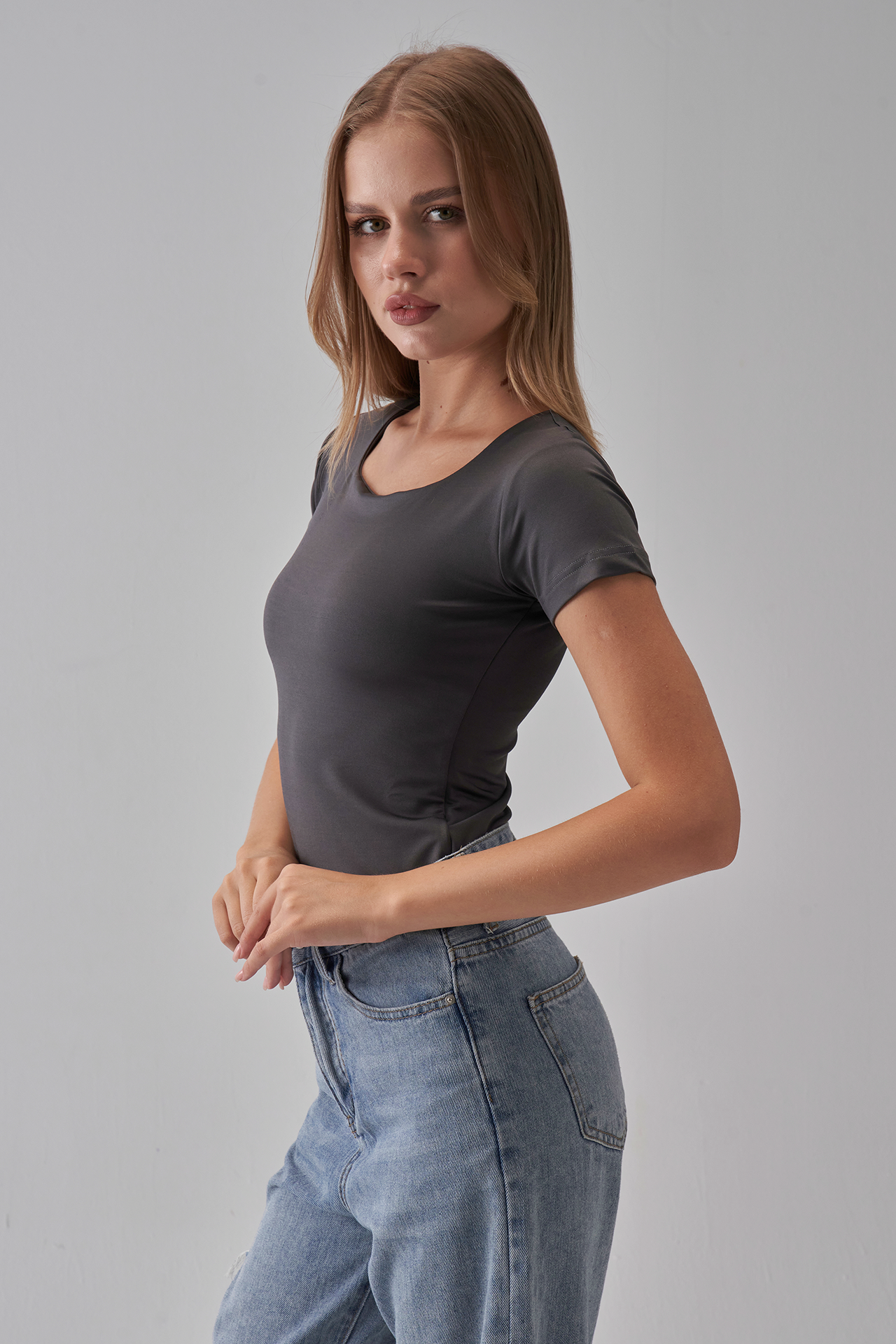 Square Neck Short Sleeve Top - Charcoal Gray