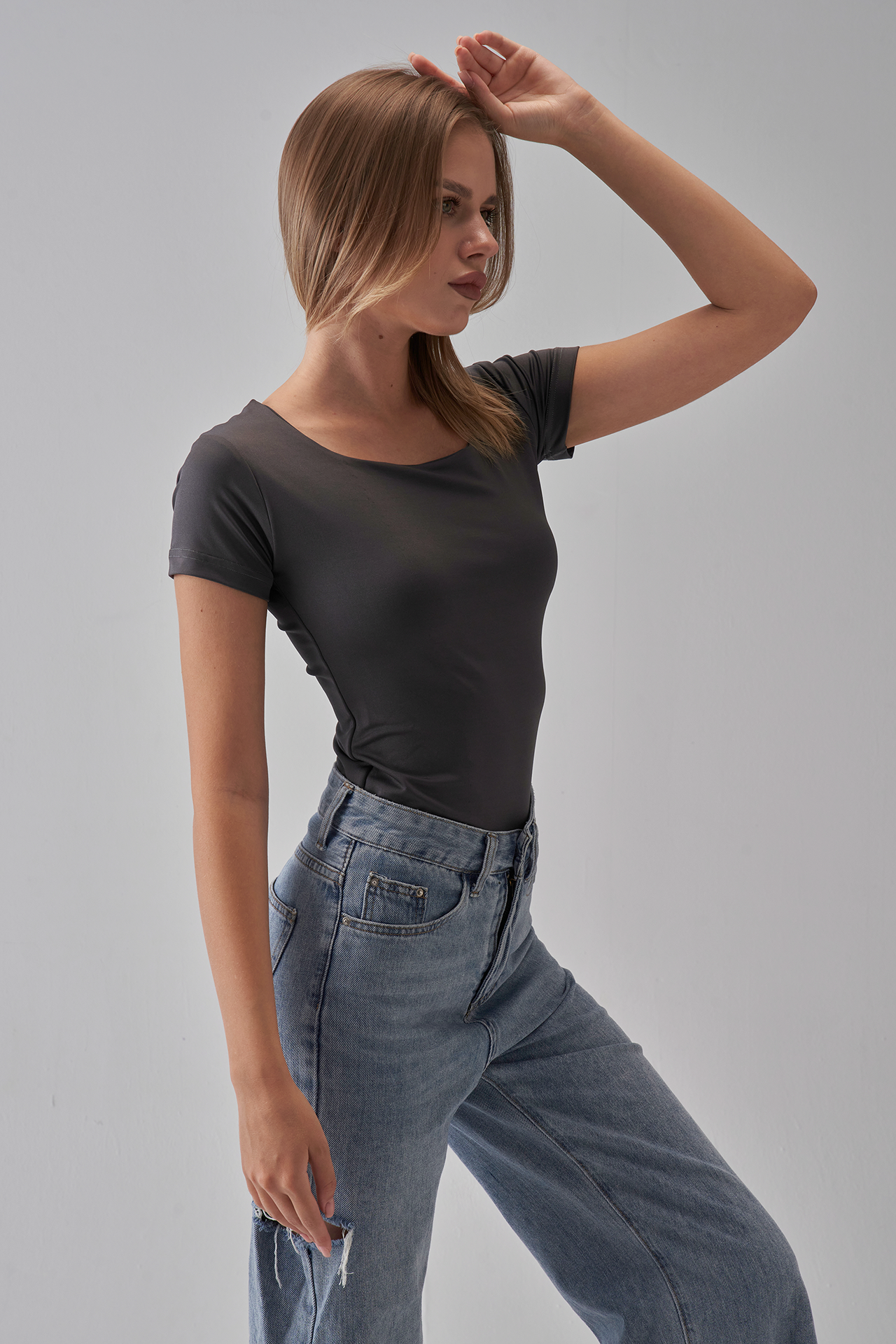 Square Neck Short Sleeve Top - Charcoal Gray