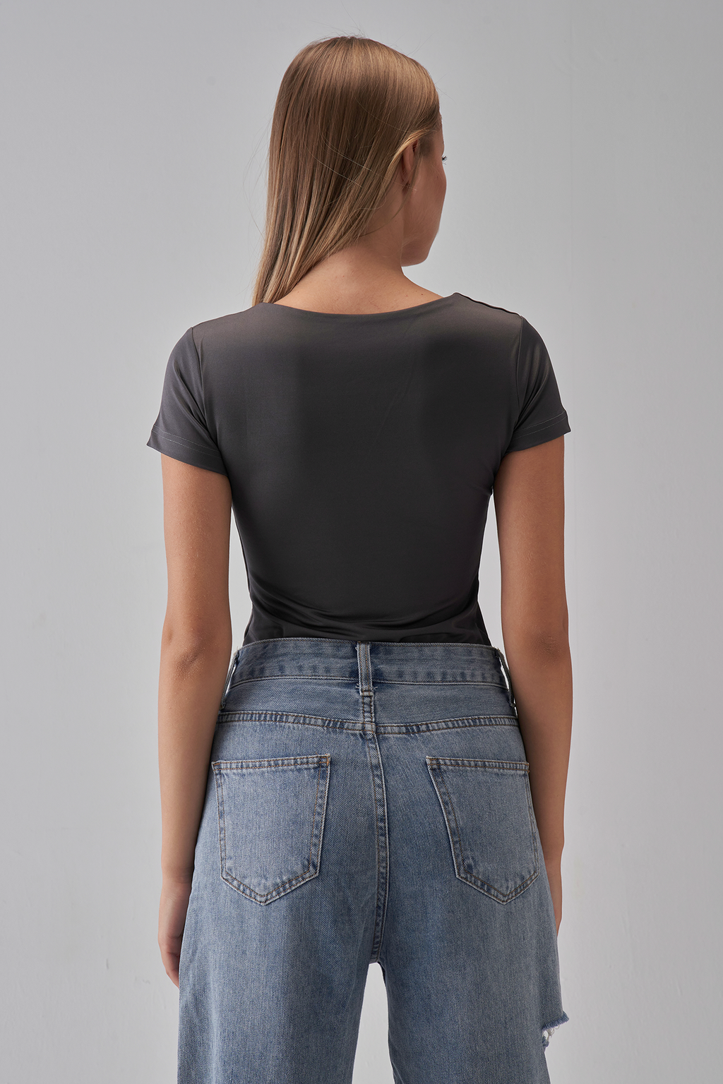 Square Neck Short Sleeve Top - Charcoal Gray
