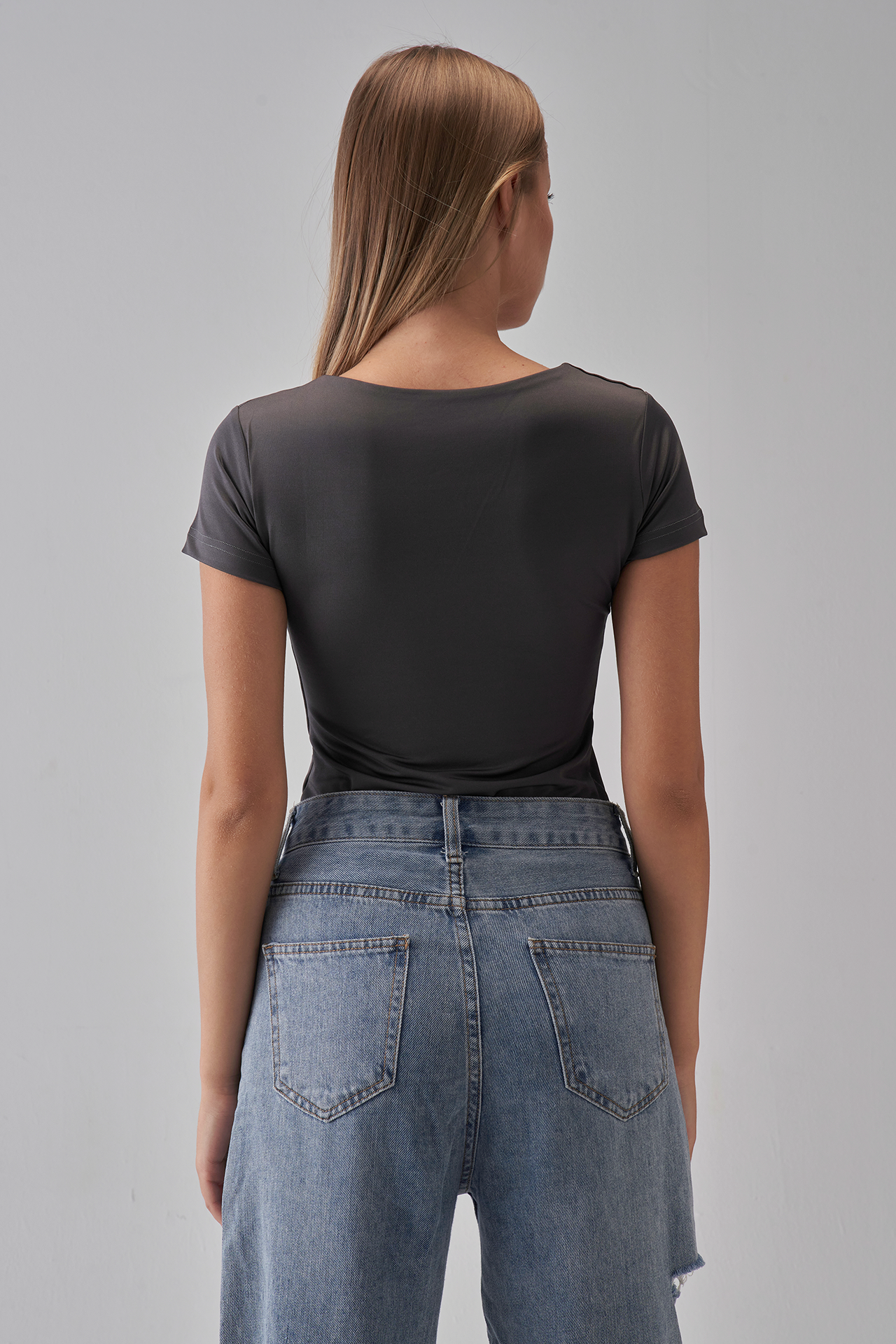 Square Neck Short Sleeve Top - Charcoal Gray