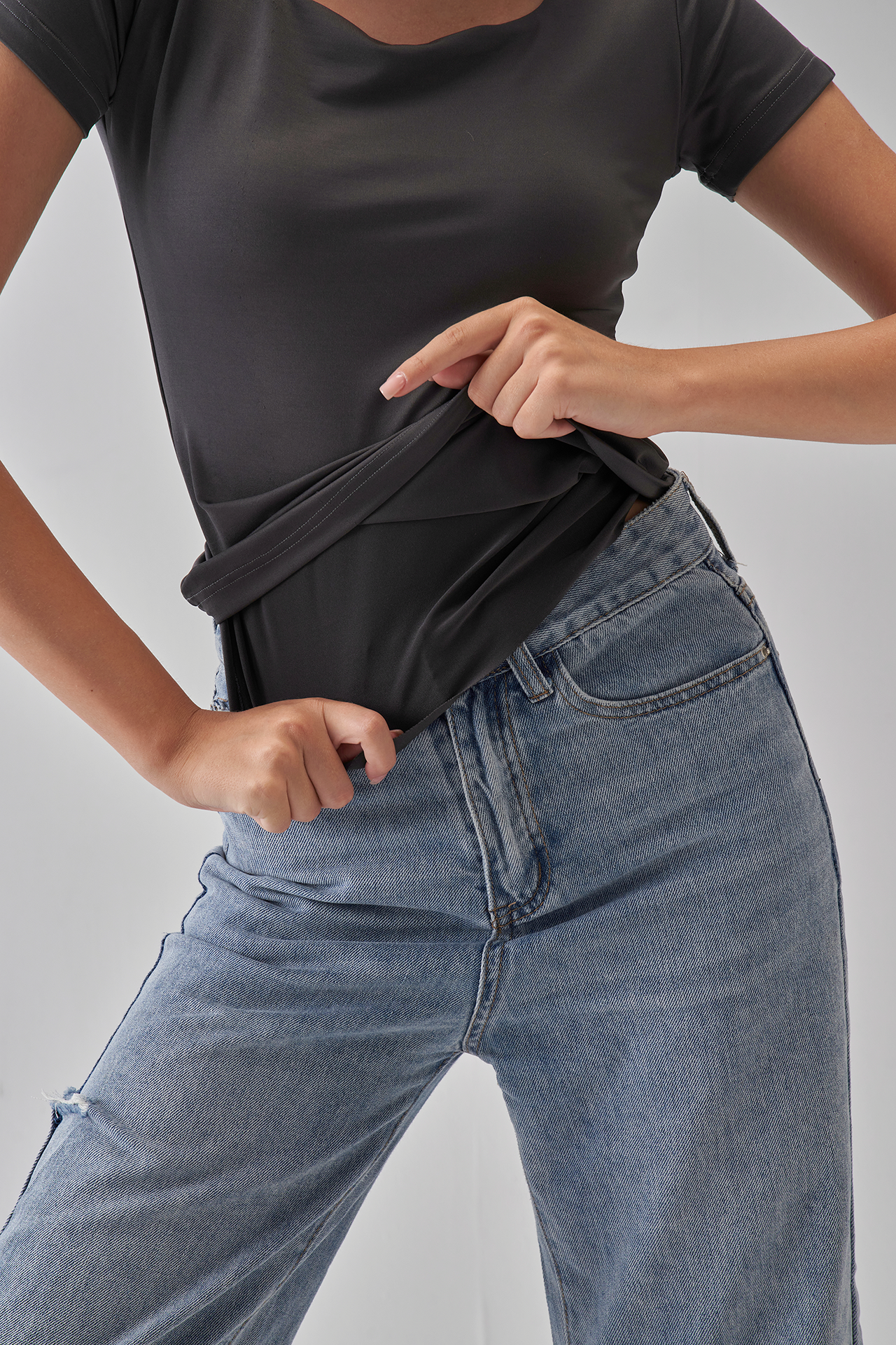 Square Neck Short Sleeve Top - Charcoal Gray