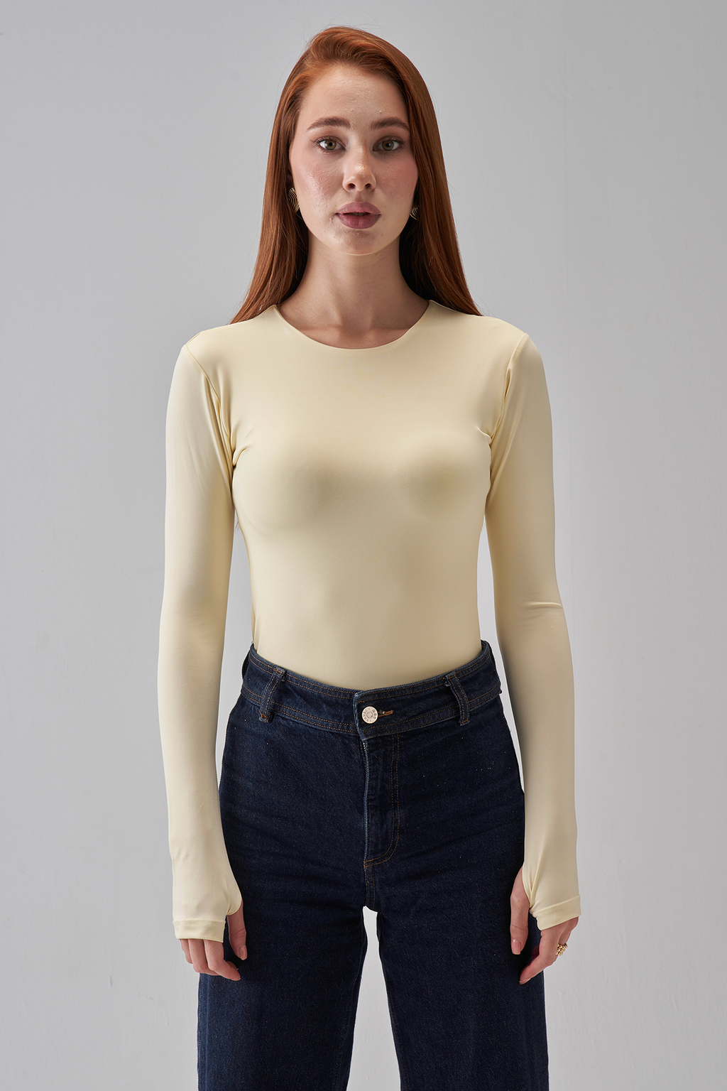 Round Neck Long Sleeve Top - Pale Yellow