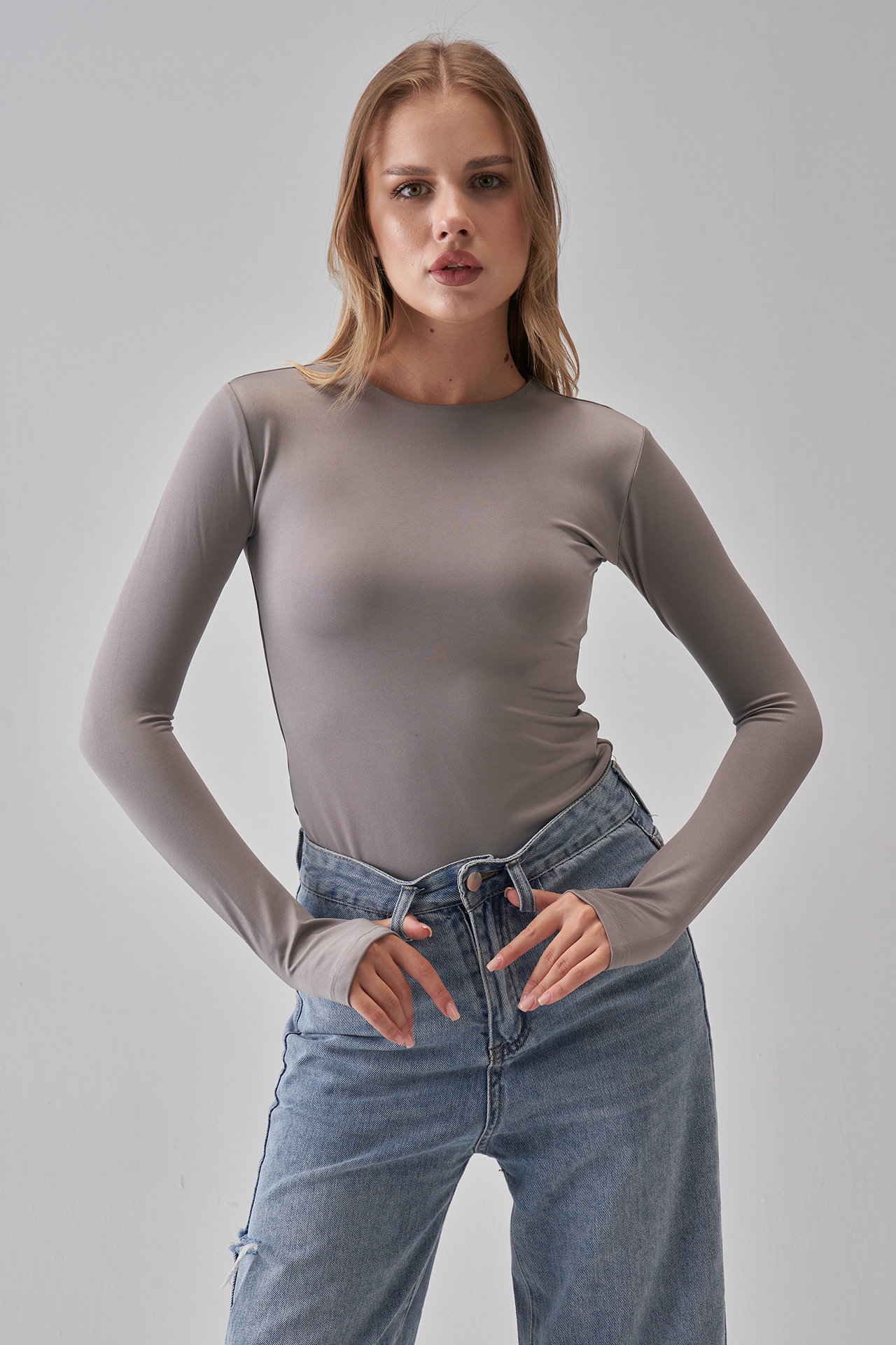 Round Neck Long Sleeve Top - Silver