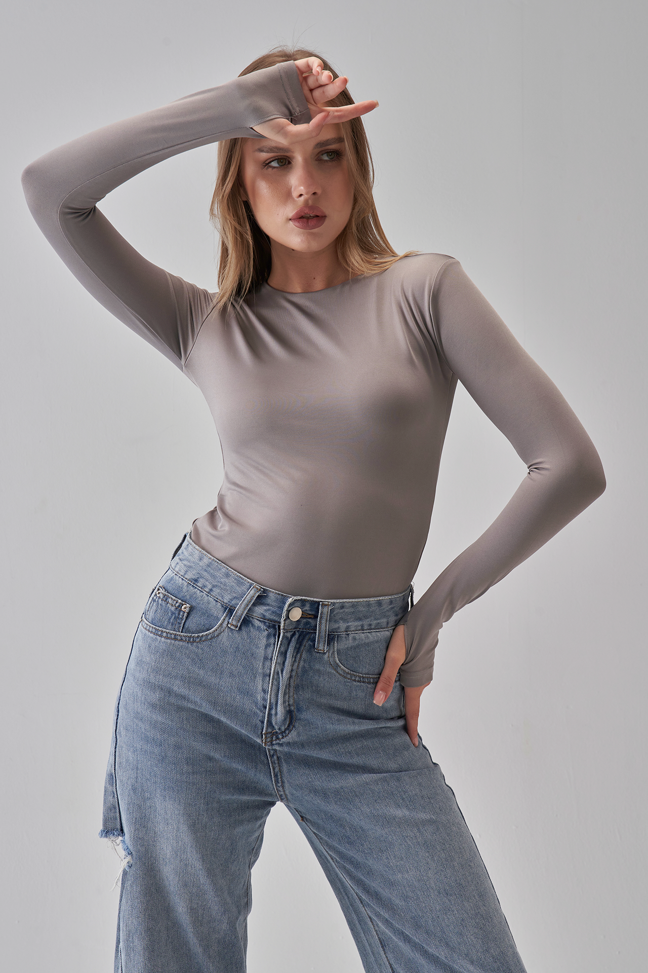Round Neck Long Sleeve Top - Silver