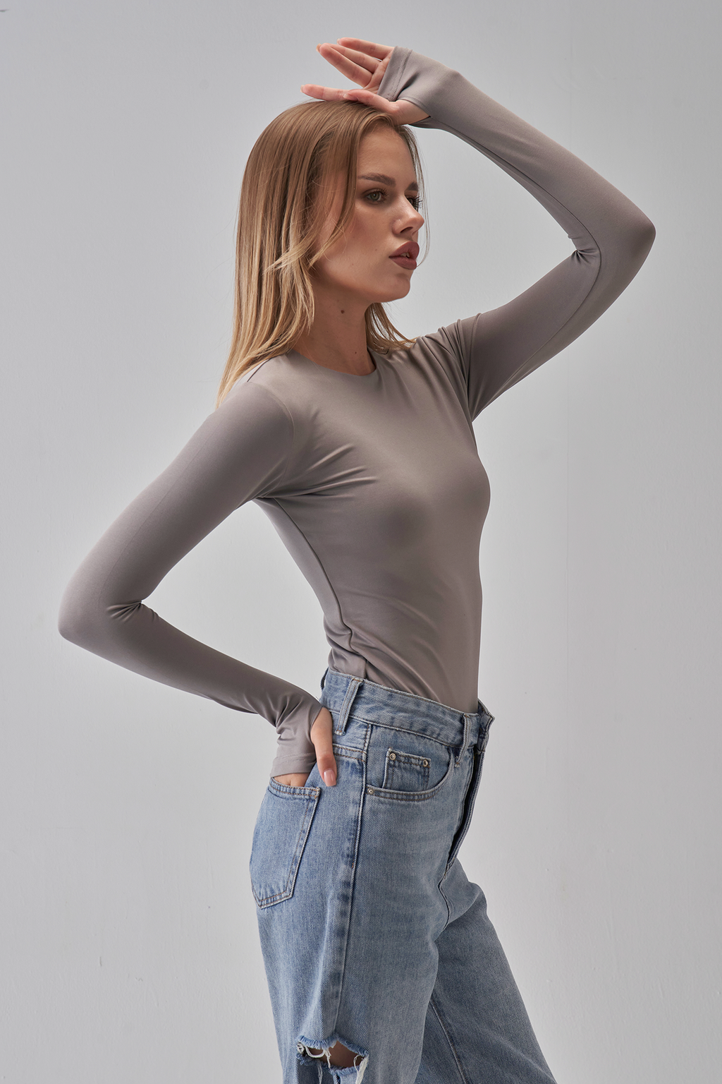 Round Neck Long Sleeve Top - Silver