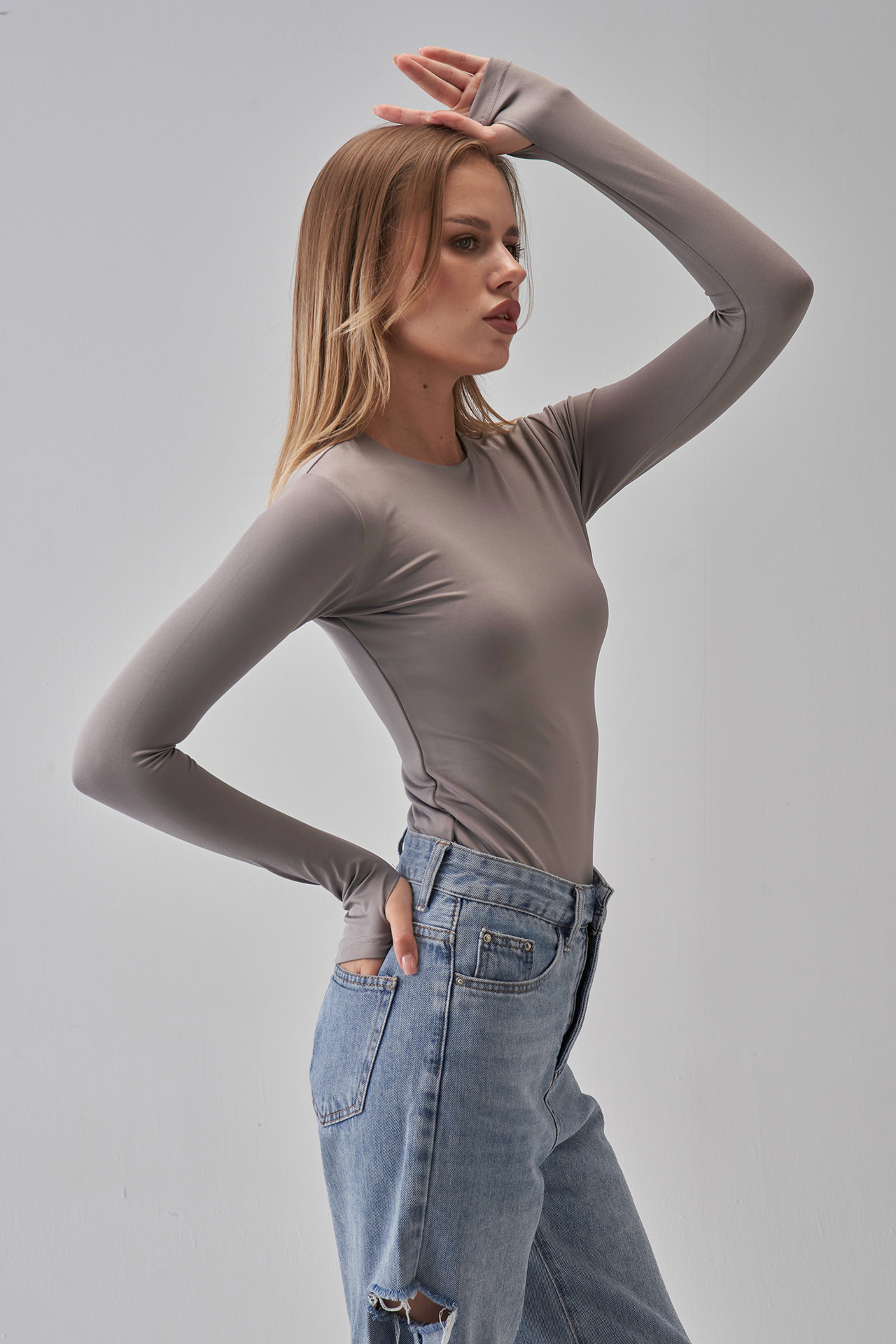 Round Neck Long Sleeve Top - Silver