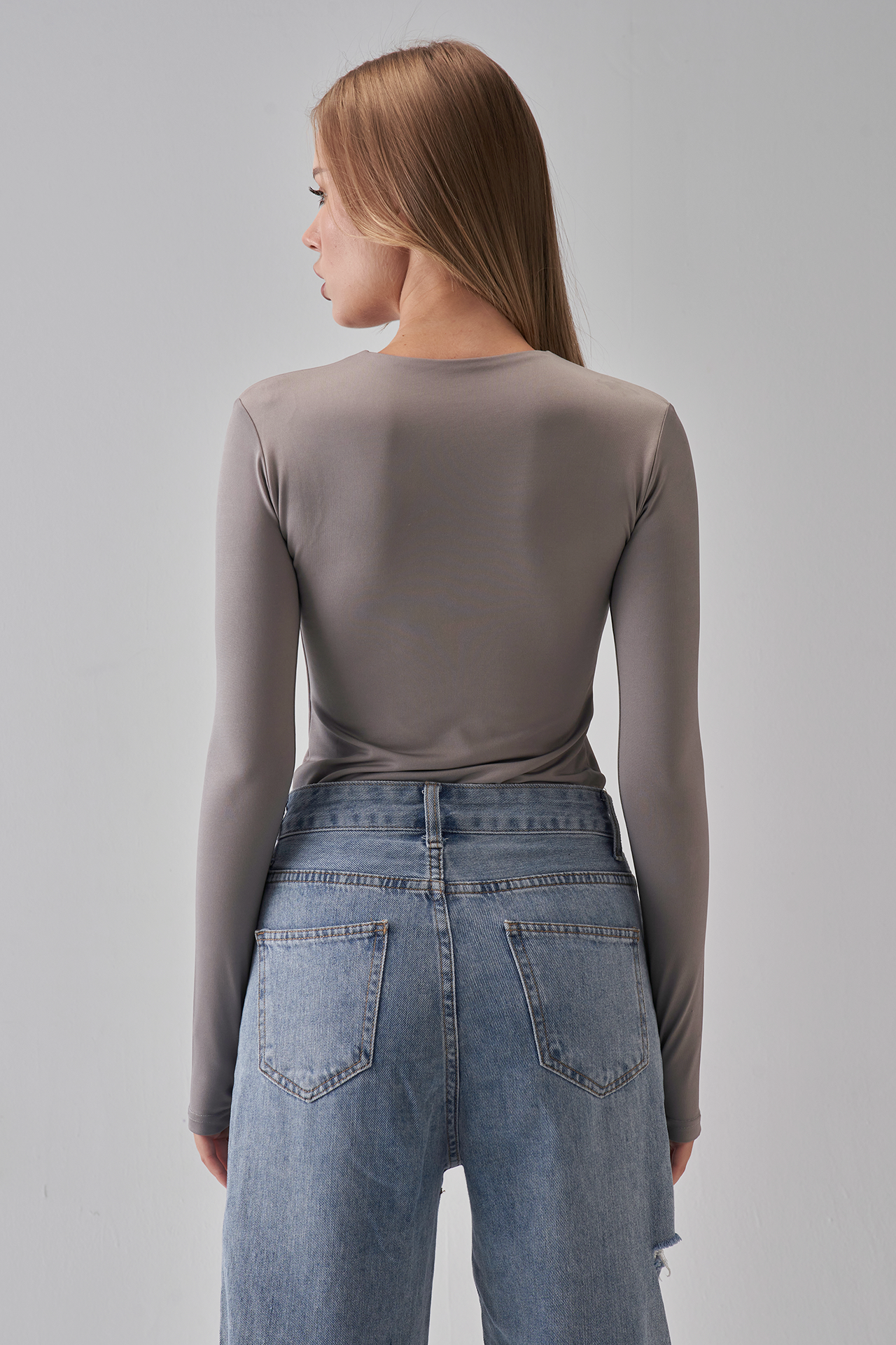 Round Neck Long Sleeve Top - Silver