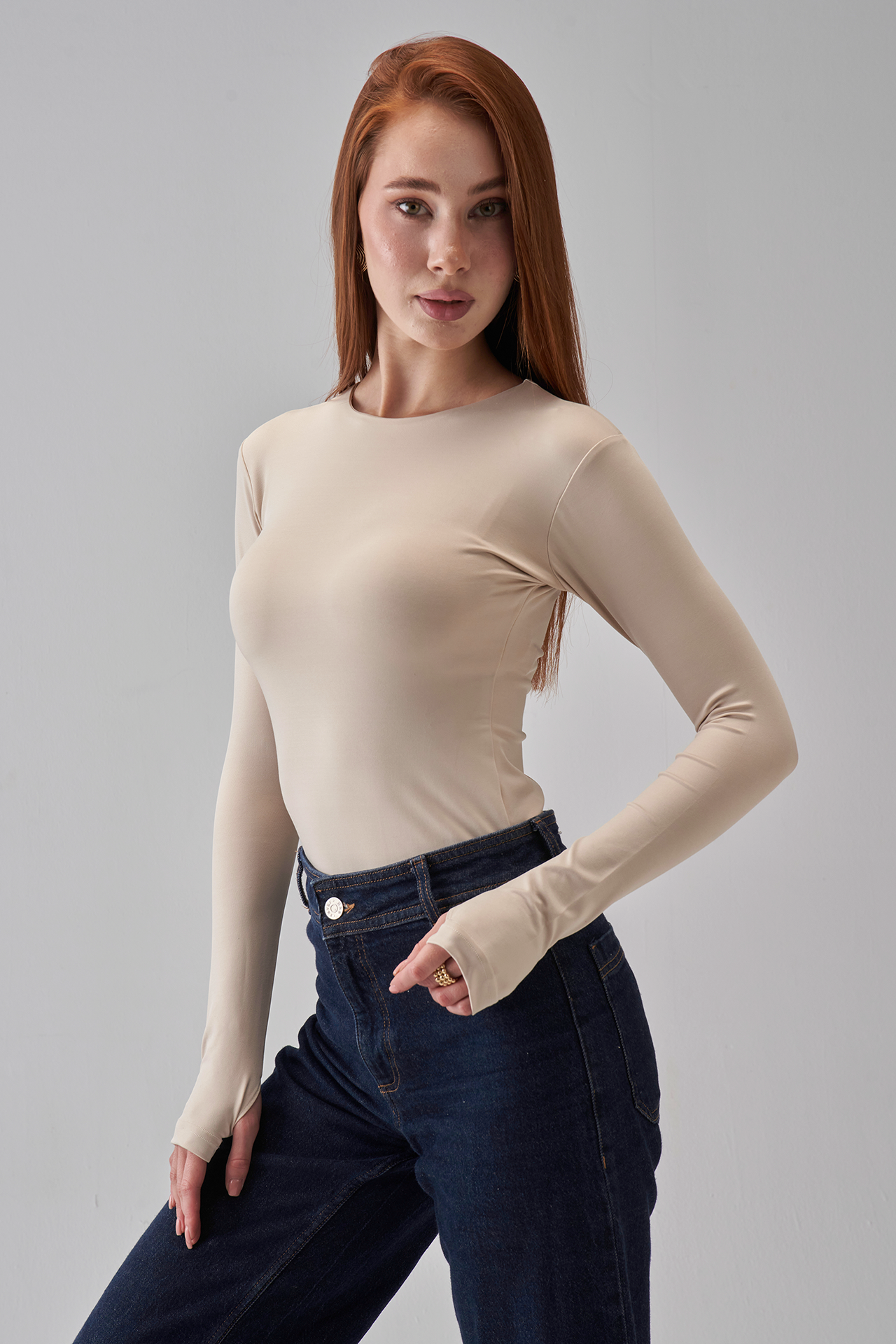 Round Neck Long Sleeve Top - Beige