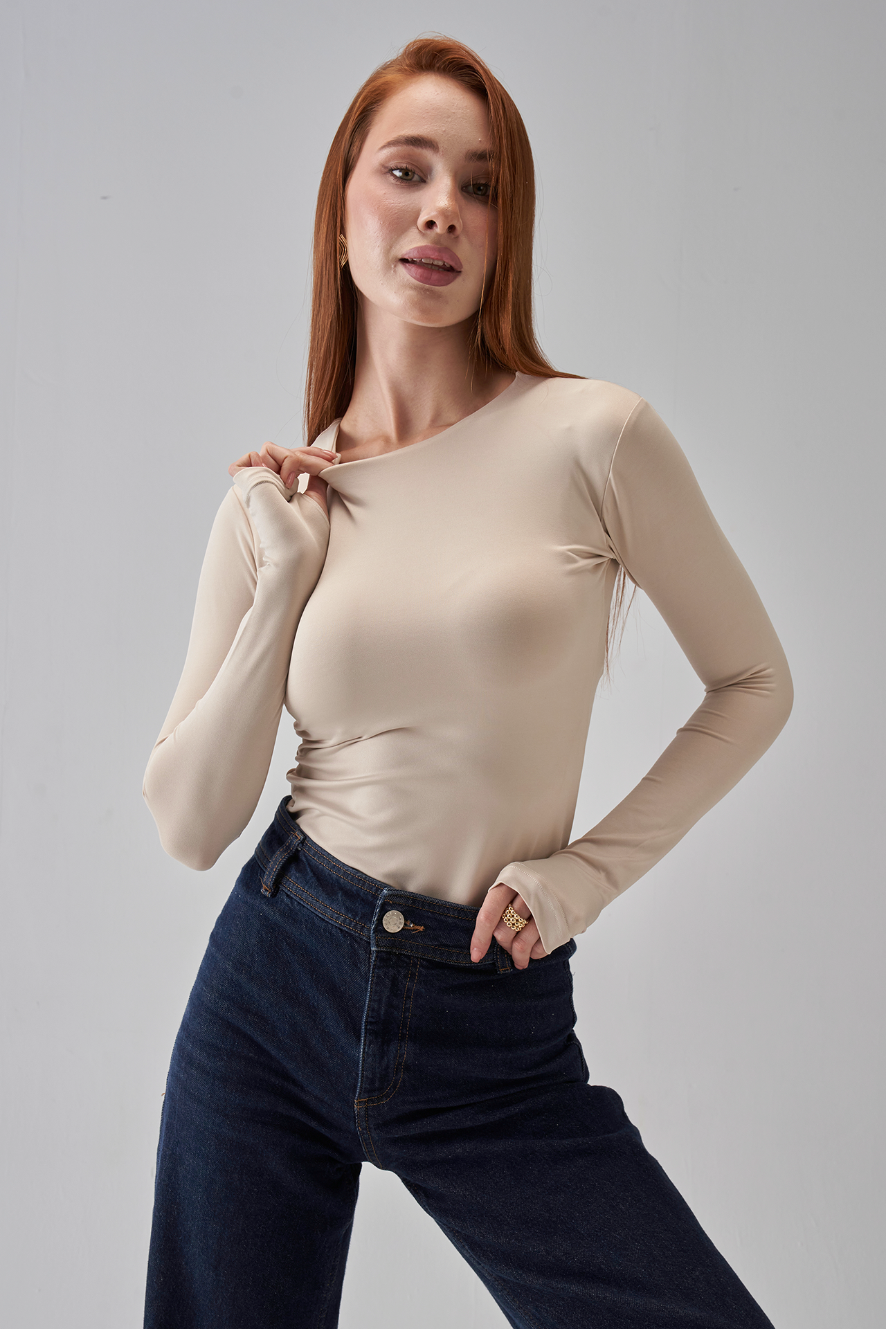 Round Neck Long Sleeve Top - Beige
