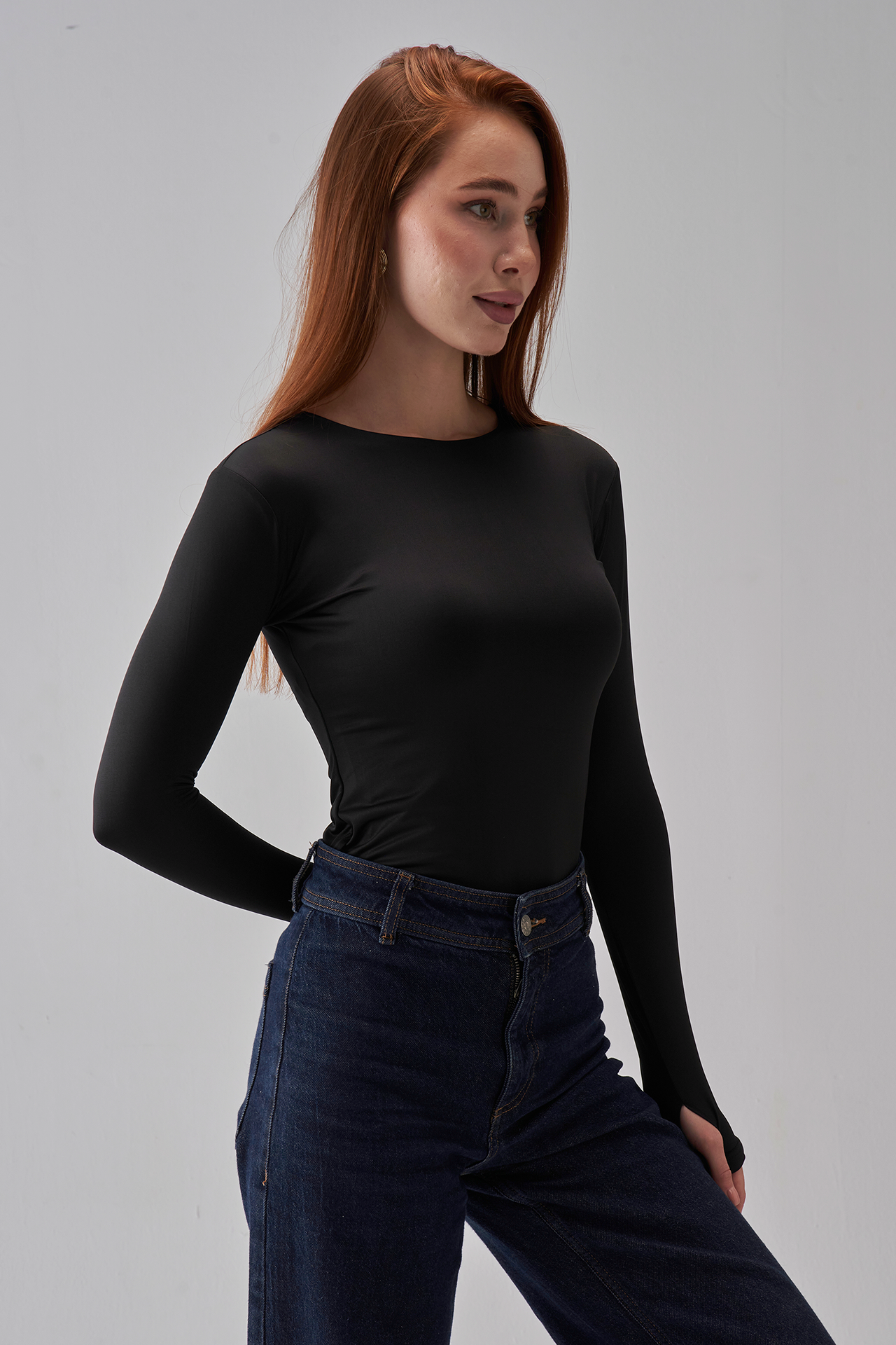 Round Neck Long Sleeve Top - Black