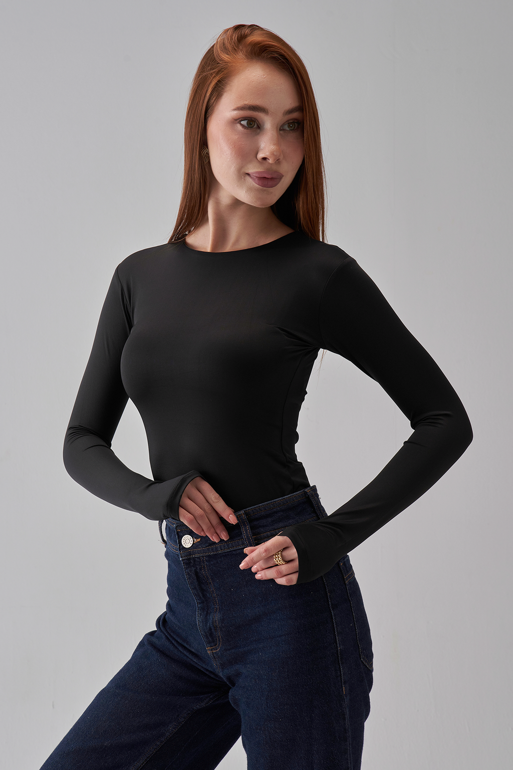 Round Neck Long Sleeve Top - Black