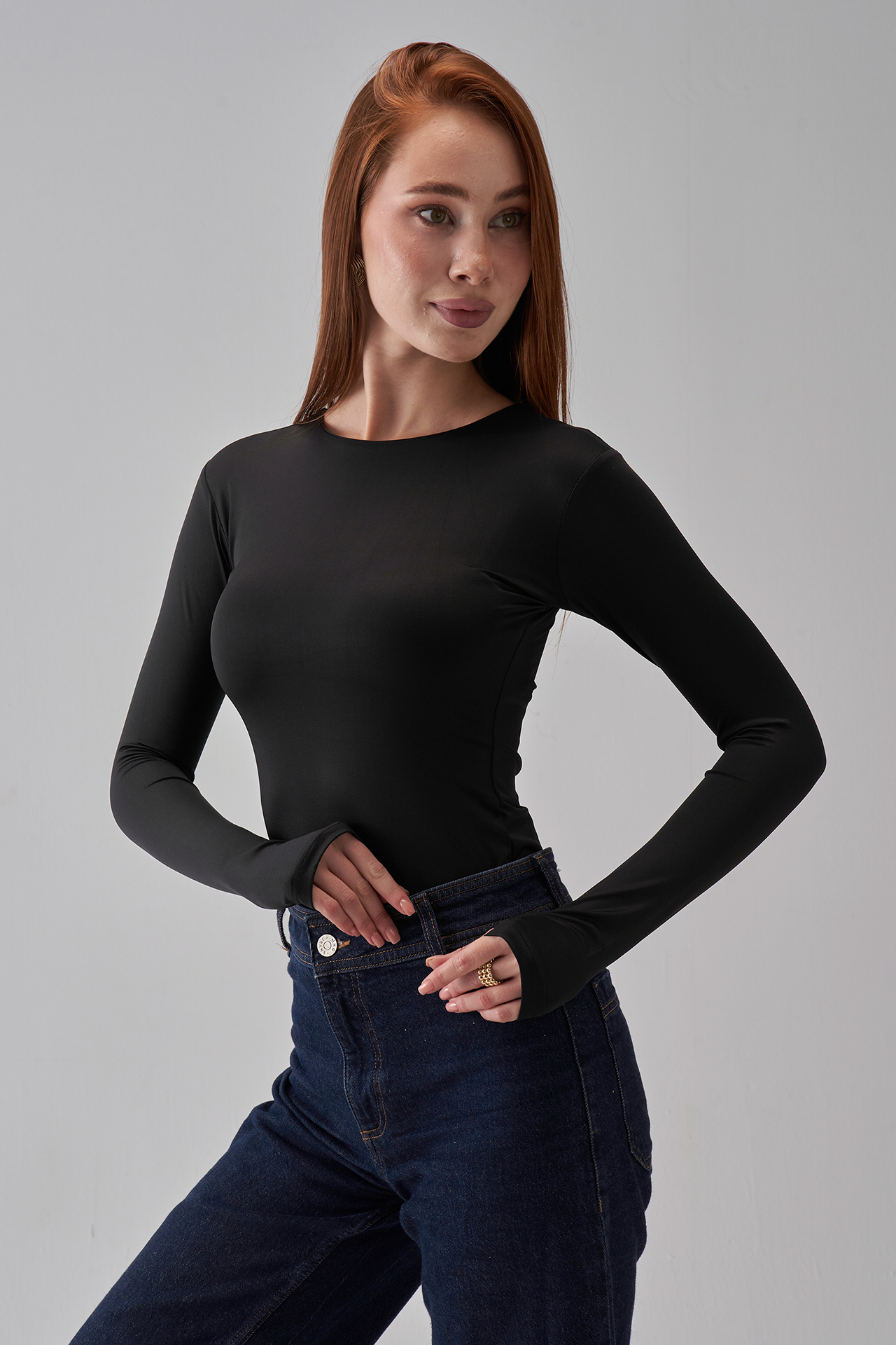Round Neck Long Sleeve Top - Black