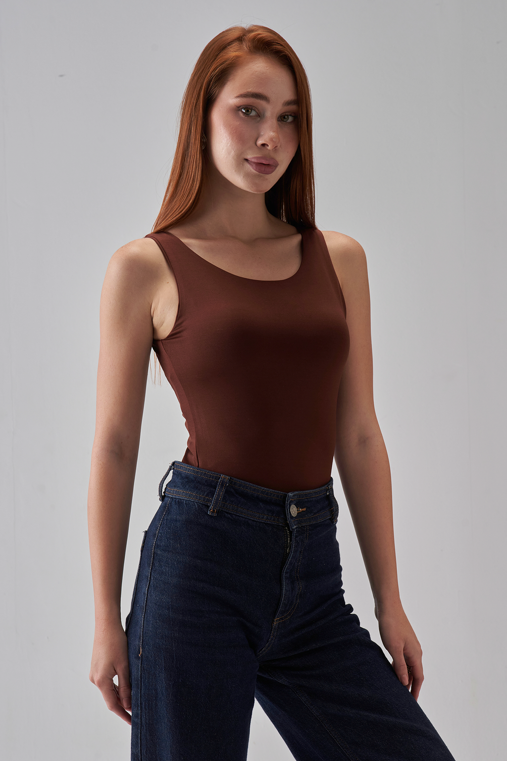 Square-Neck Tank-Top - Brown