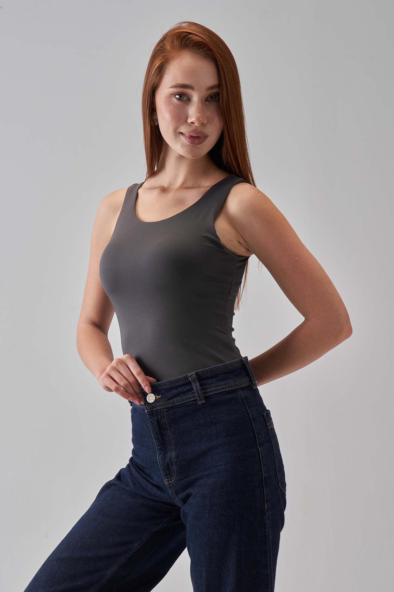 Square-Neck Tank-Top - Charcoal Gray