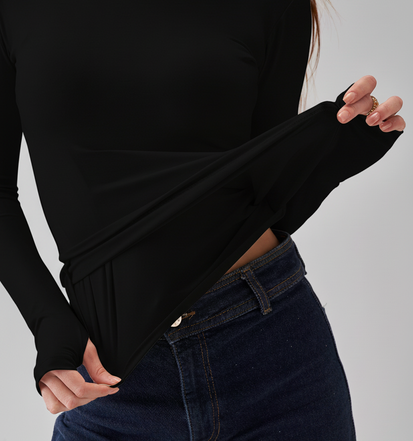 Square Neck Long Sleeve Top - Black