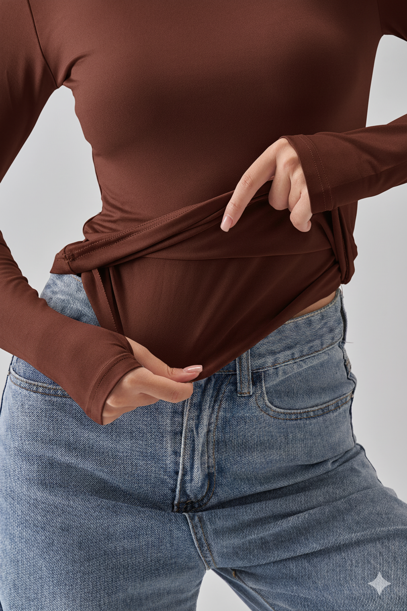 بلوزة برقبة مربعة وأكمام طويلة - بني