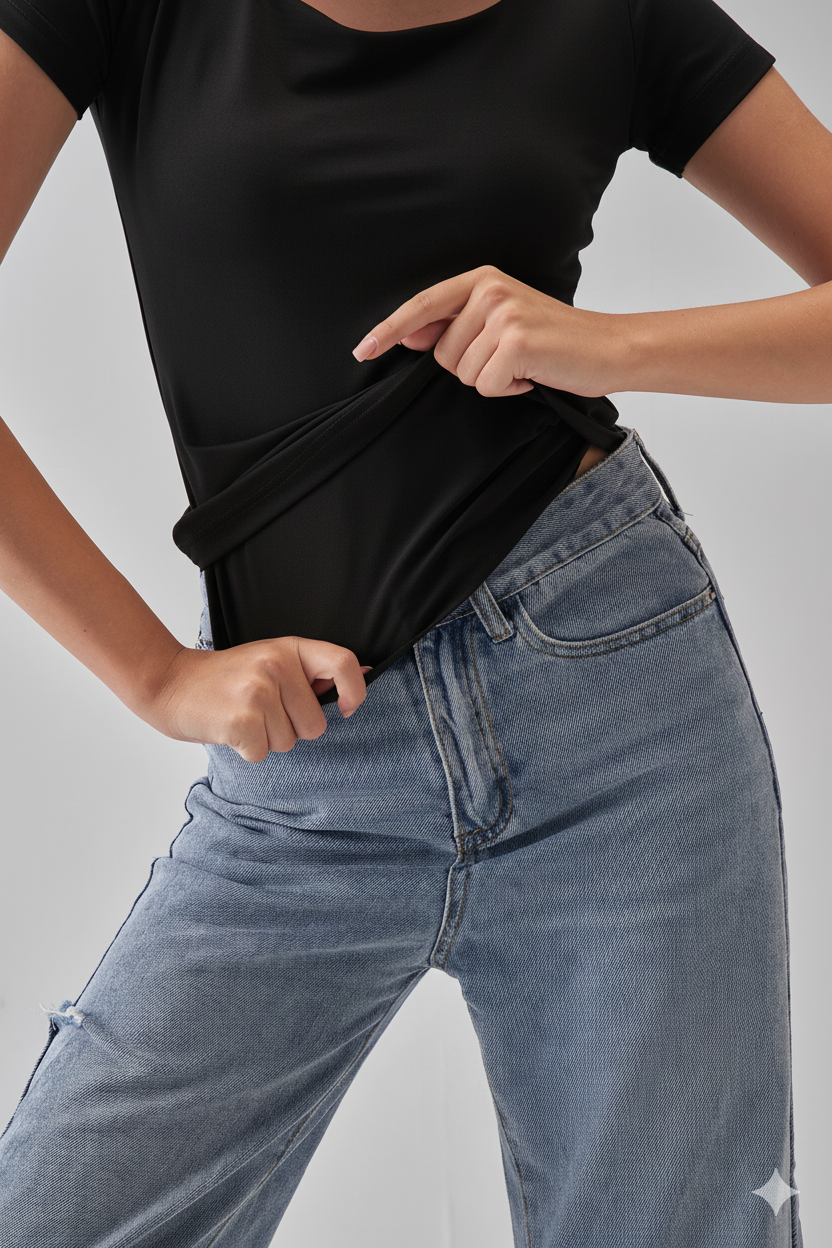 Square Neck Short Sleeve Top - Black