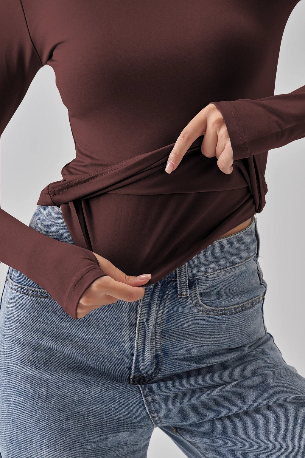 Round Neck Long Sleeve Top - Brown