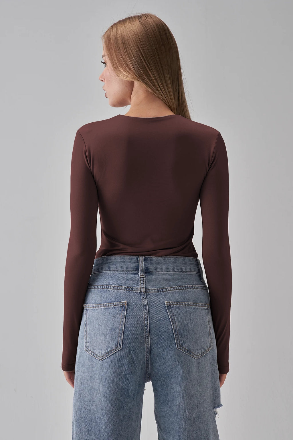 Round Neck Long Sleeve Top - Brown