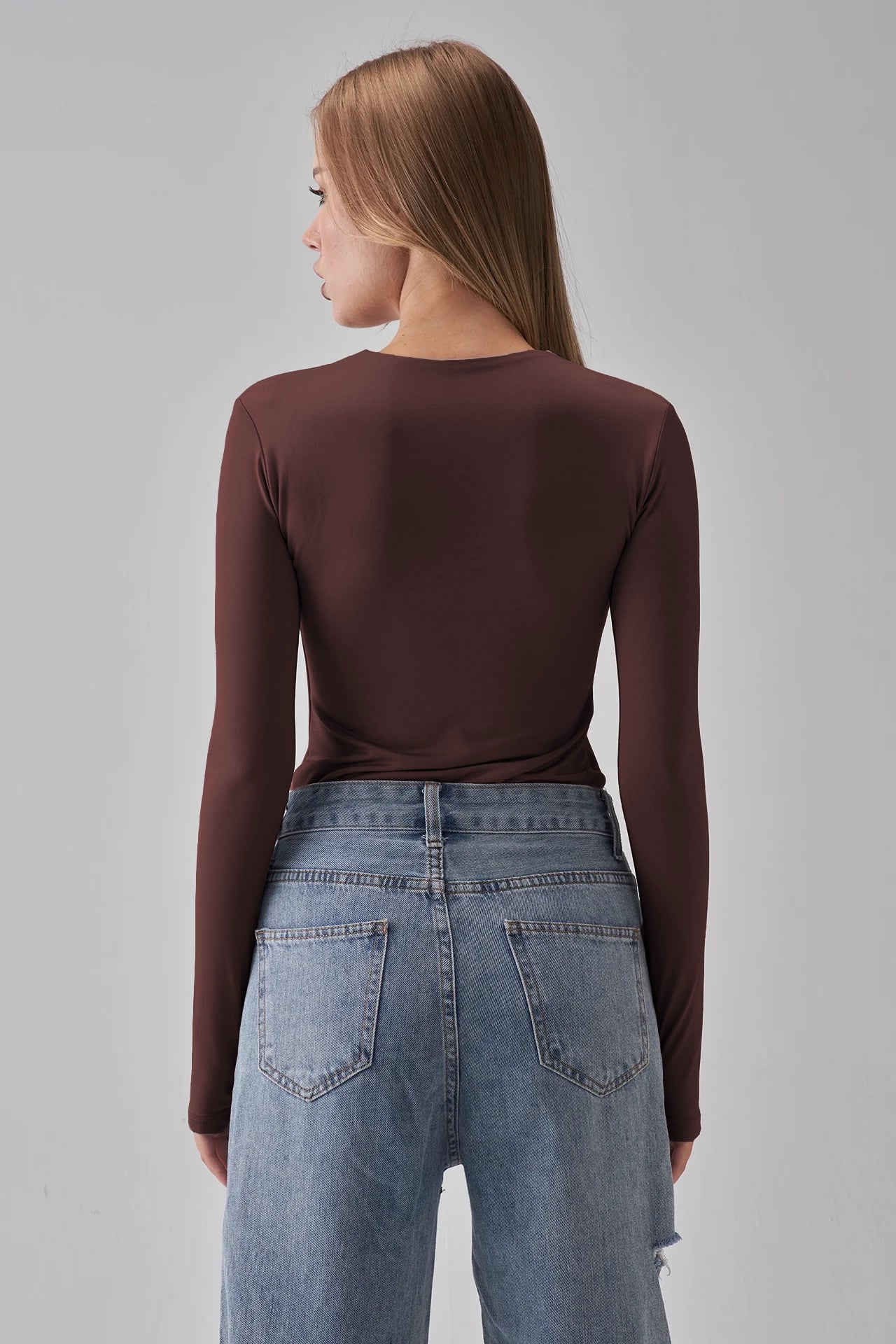 Round Neck Long Sleeve Top - Brown