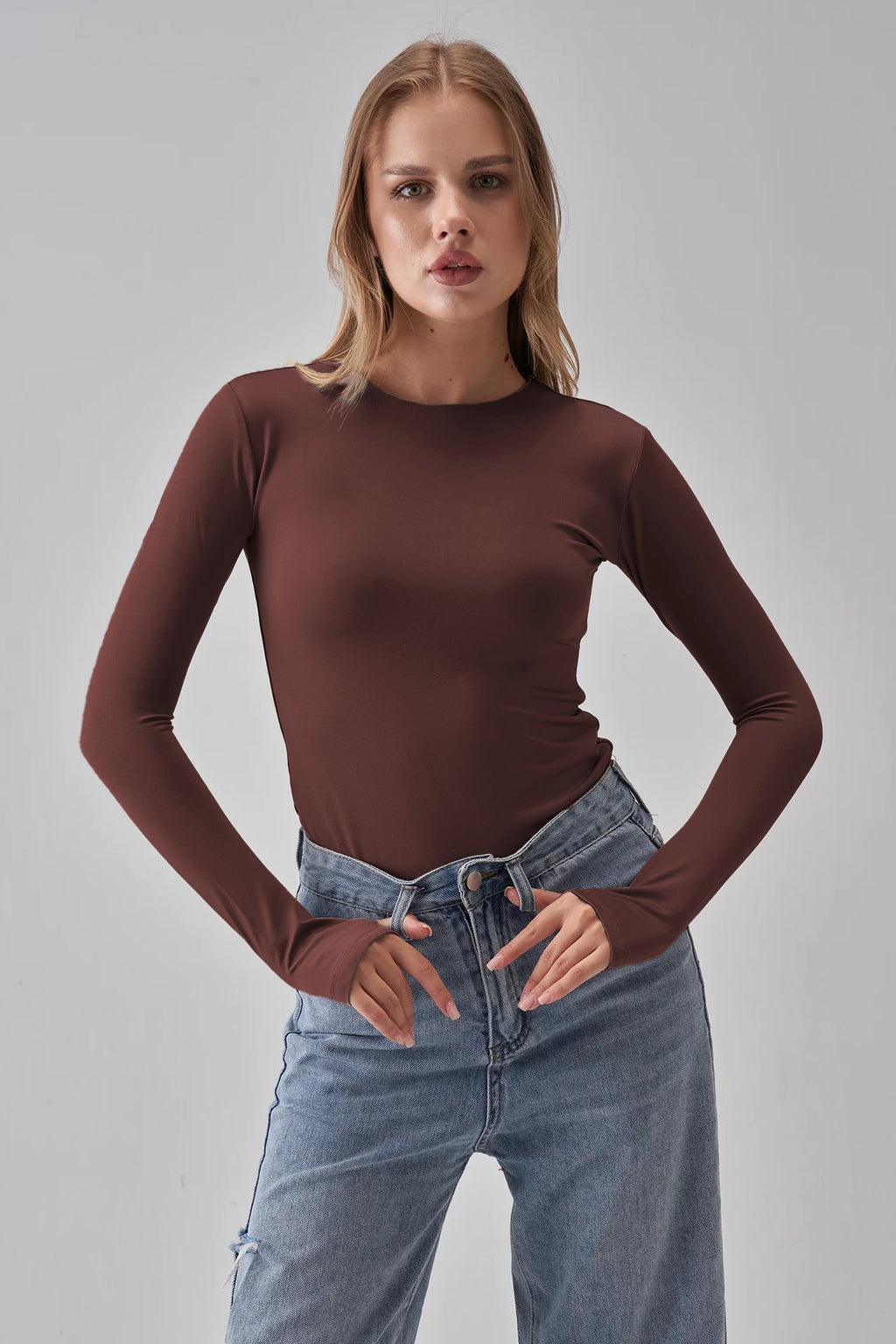 Round Neck Long Sleeve Top - Brown
