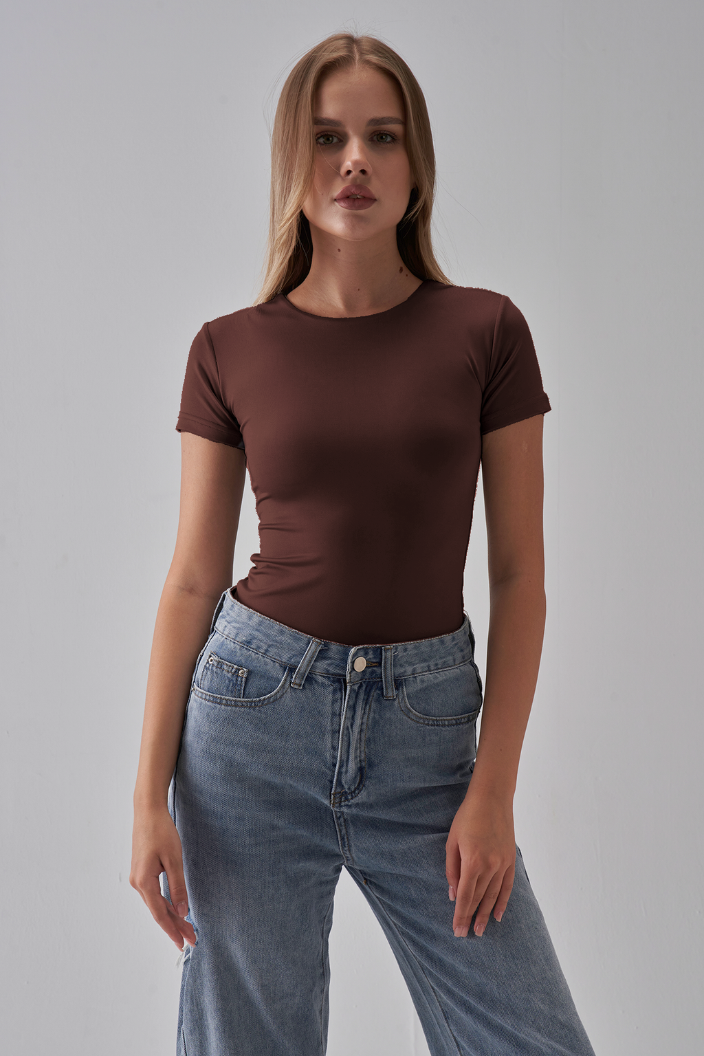 Round Neck Short Sleeve Top - Brown