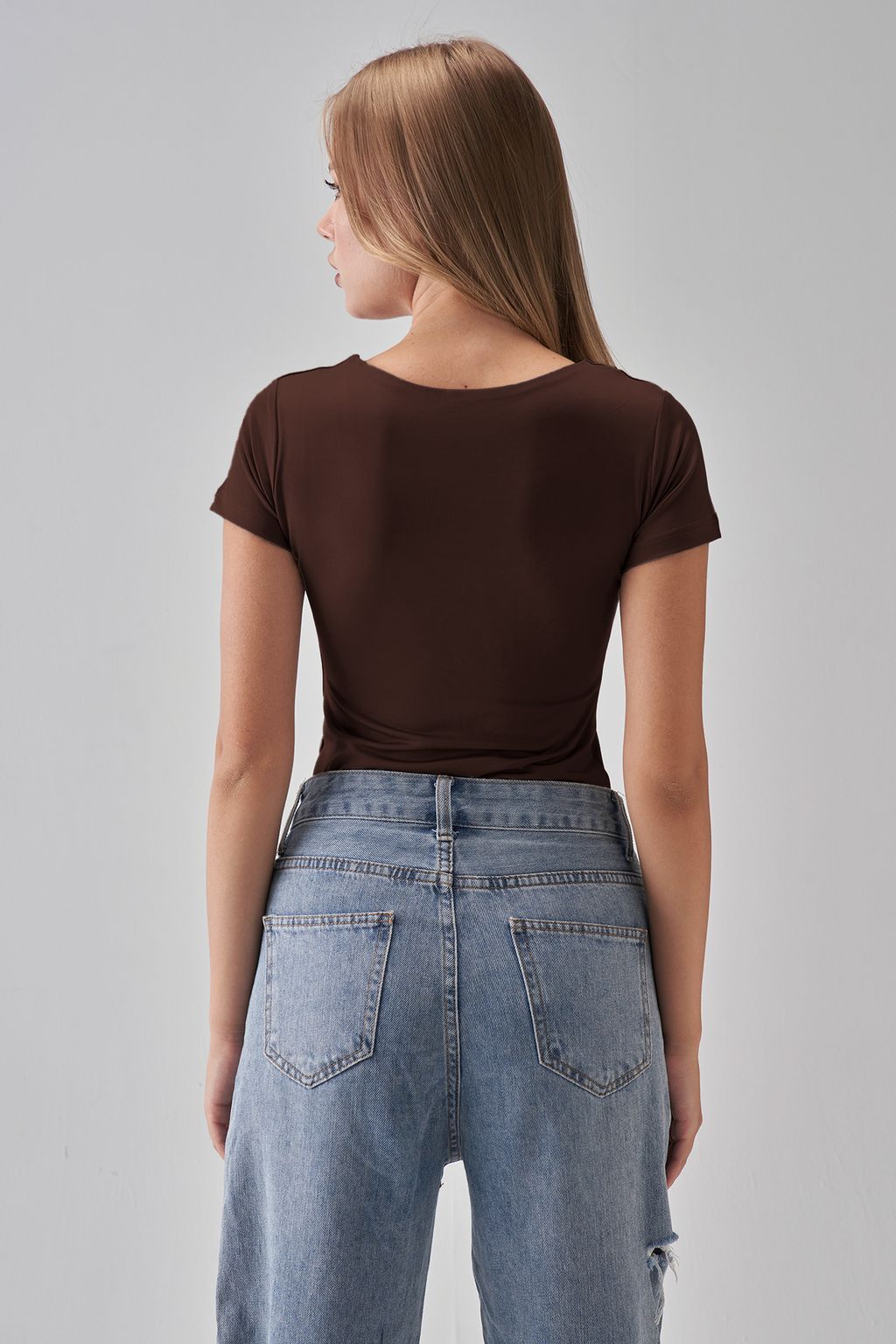 Round Neck Short Sleeve Top - Brown