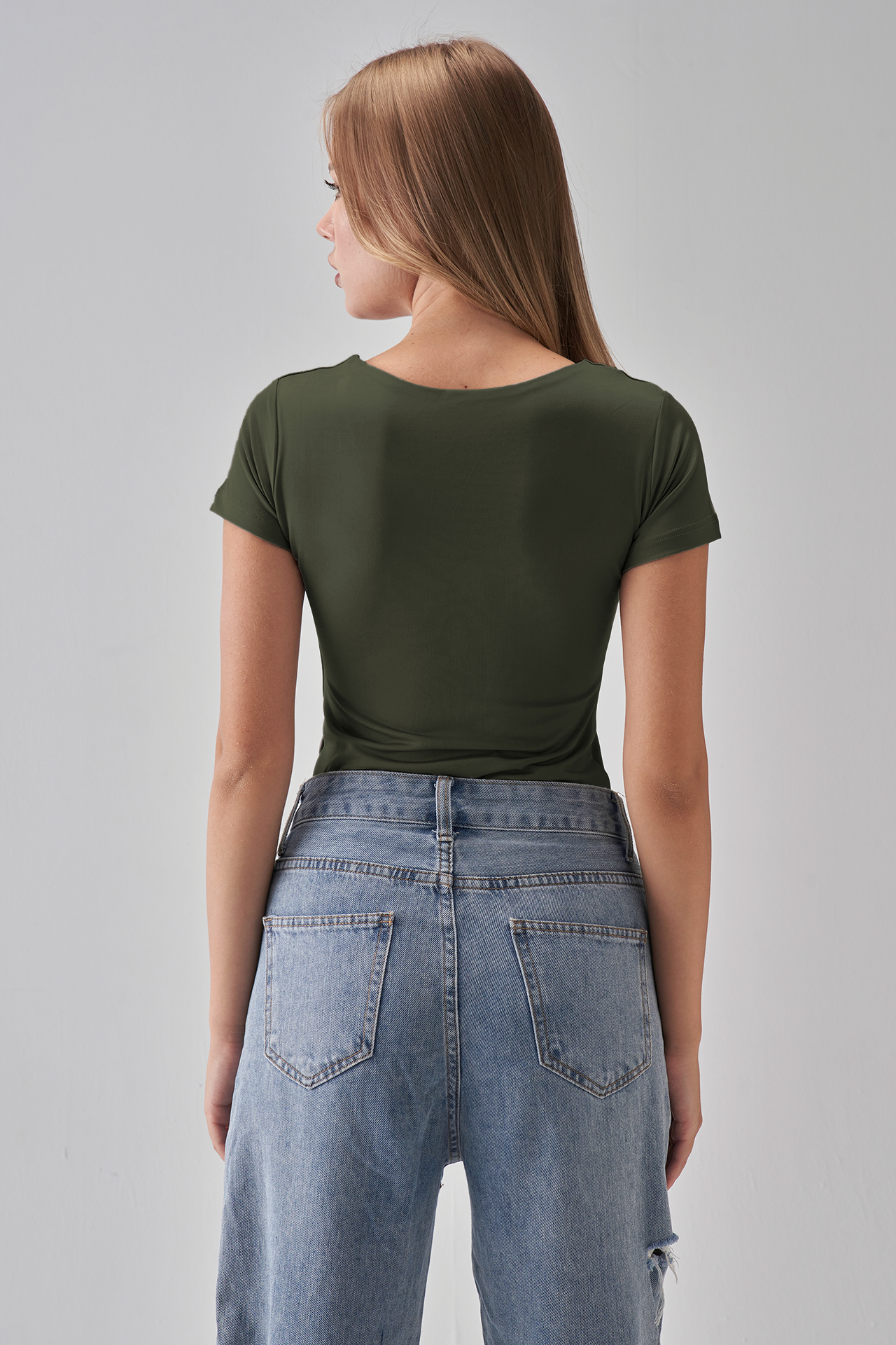 Round Neck Short sleeve Top - Olive Green