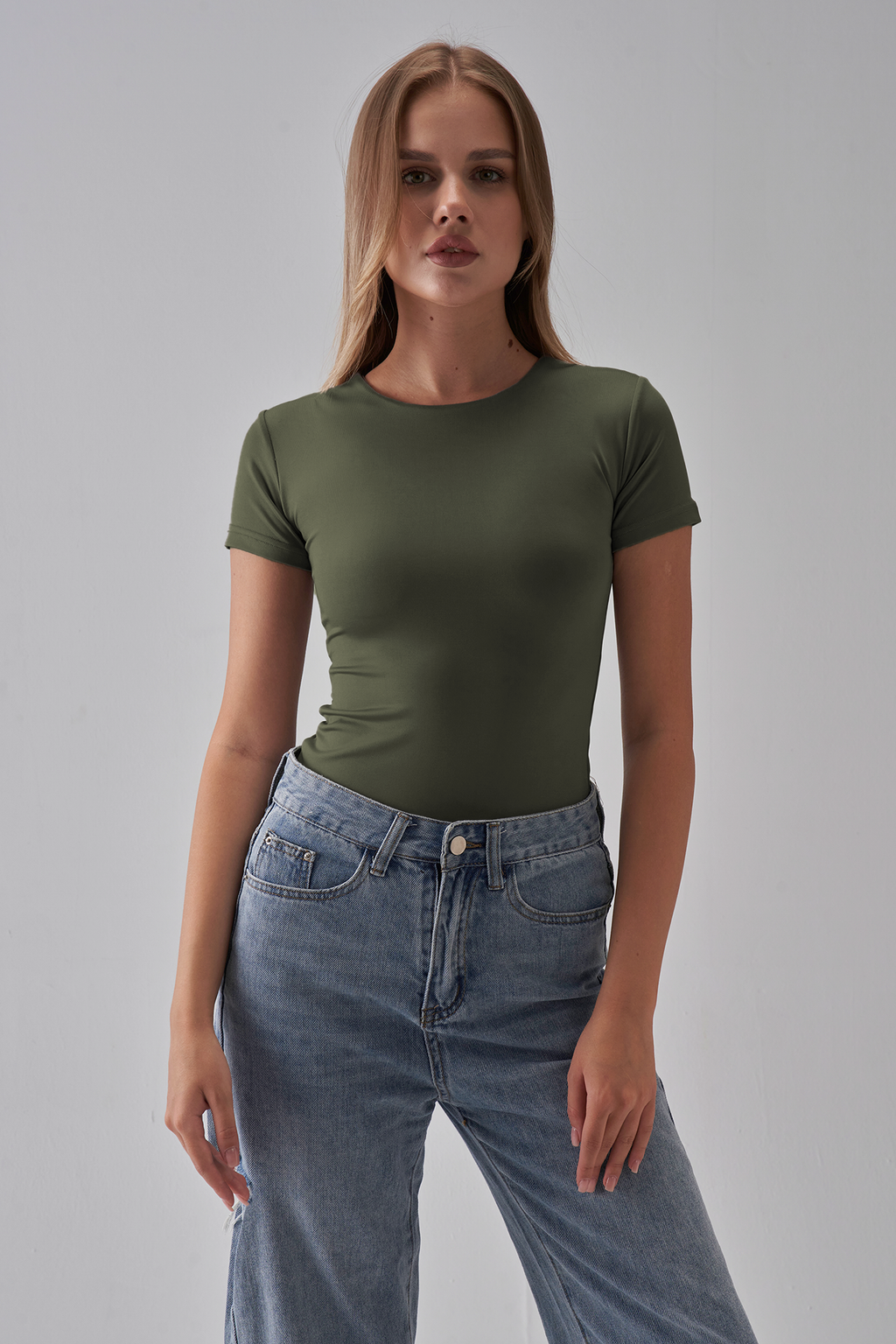 Round Neck Short sleeve Top - Olive Green