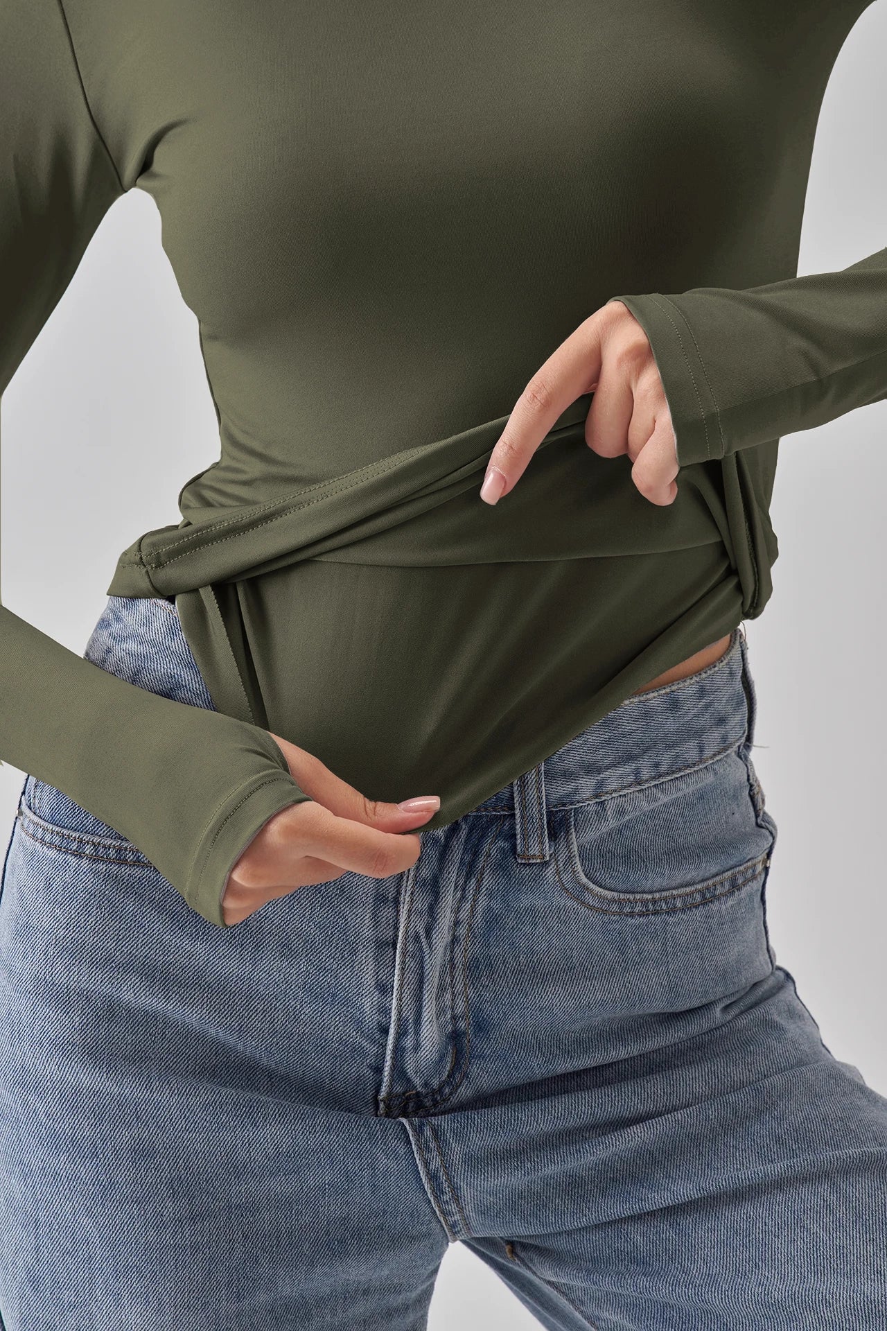 Round Neck Long Sleeve Top - Olive Green