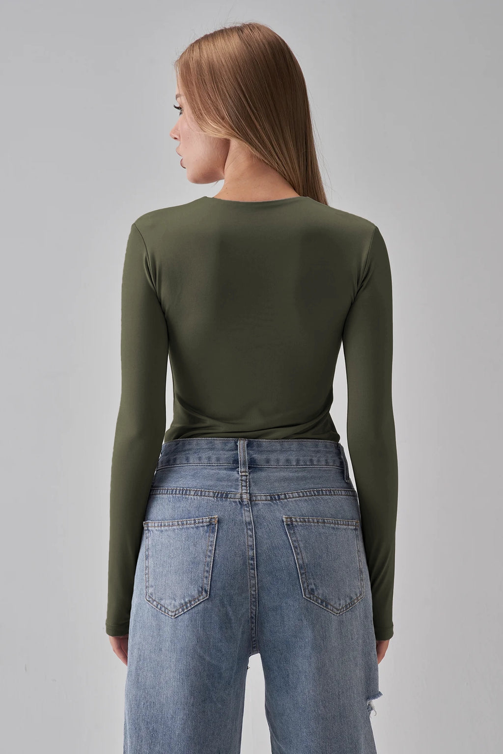 Round Neck Long Sleeve Top - Olive Green