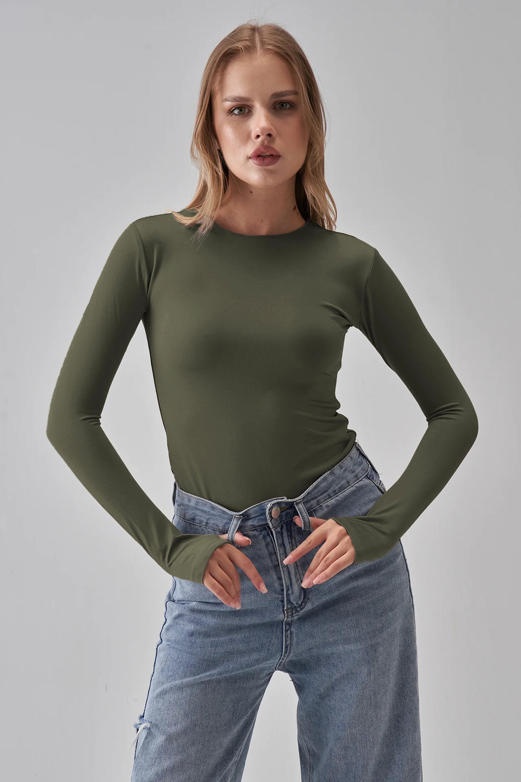 Round Neck Long Sleeve Top - Olive Green
