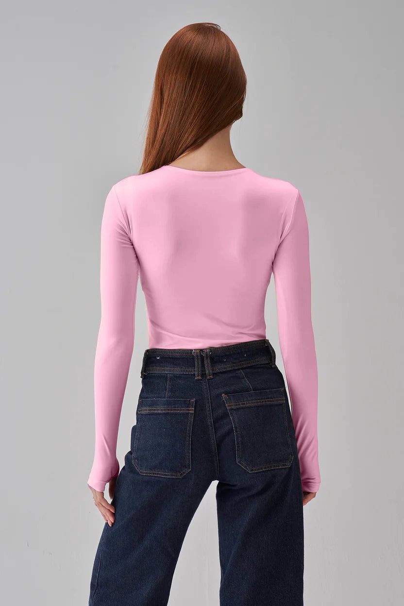 Round Neck Long Sleeve Top - Baby Pink