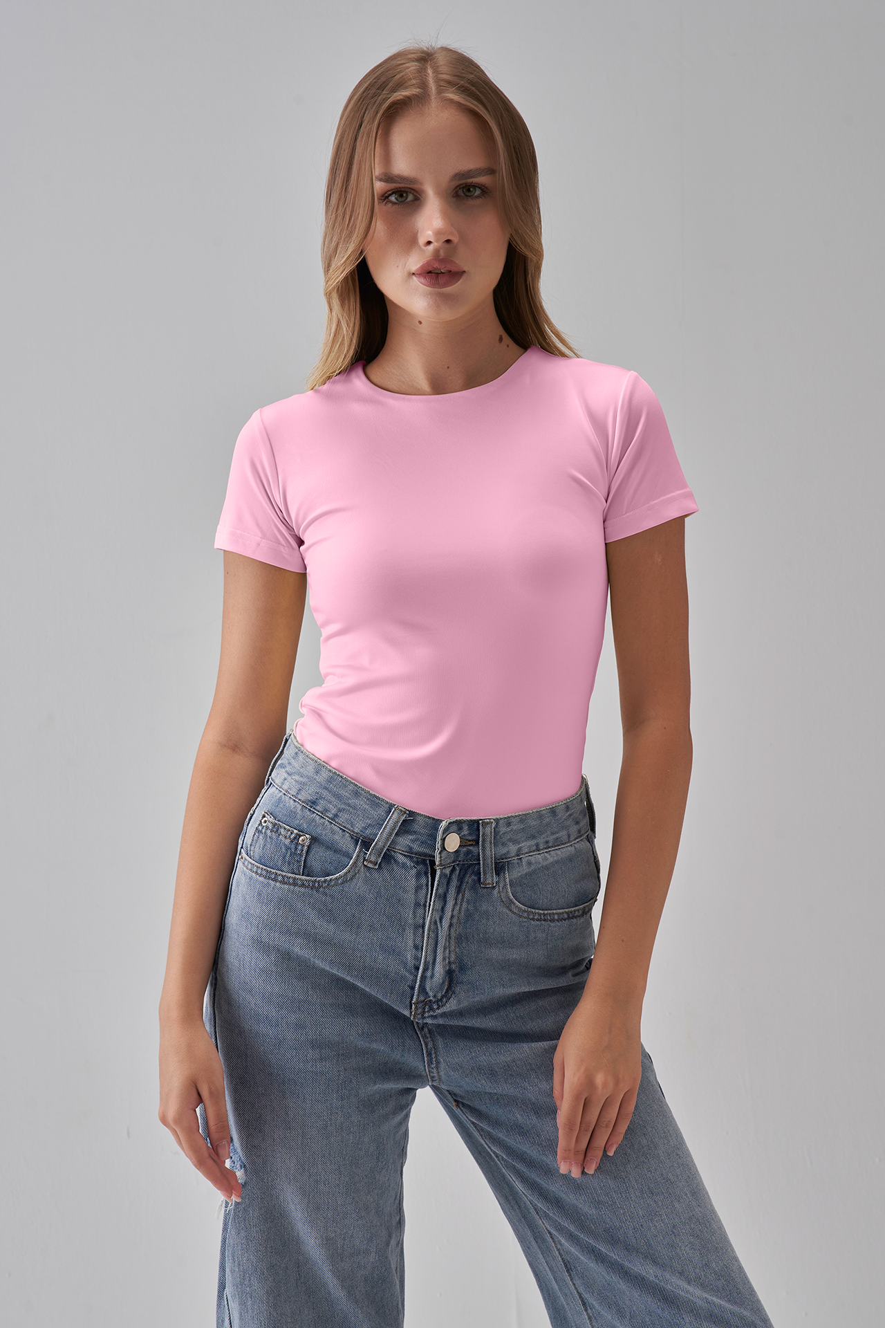 Round Neck Short Sleeve Top - Baby Pink