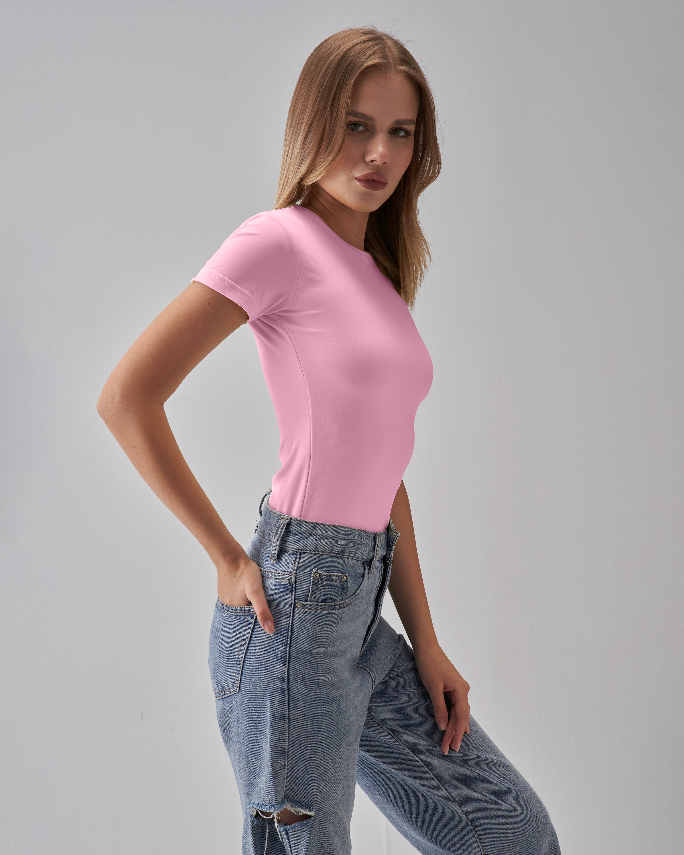 Round Neck Short Sleeve Top - Baby Pink